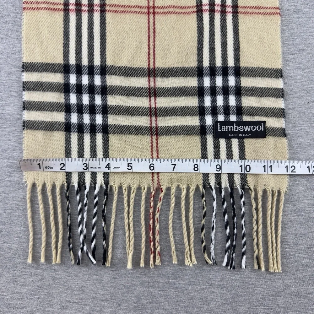 Women's Checked Lambswool Scarf Made in Italy –‎ Beige Black Red Fringe